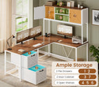 SEDETA Reversible Farmhouse L Shaped Computer Desk with Drawers, Hutch | L Shaped Corner Gaming Desk with LED Light and Storage Shelves for Home Office/Two Person, White