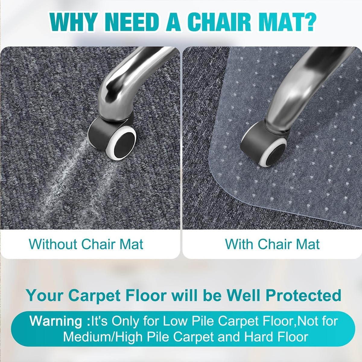 Office Chair Mat for Low Pile Carpet, 46'' x 96''