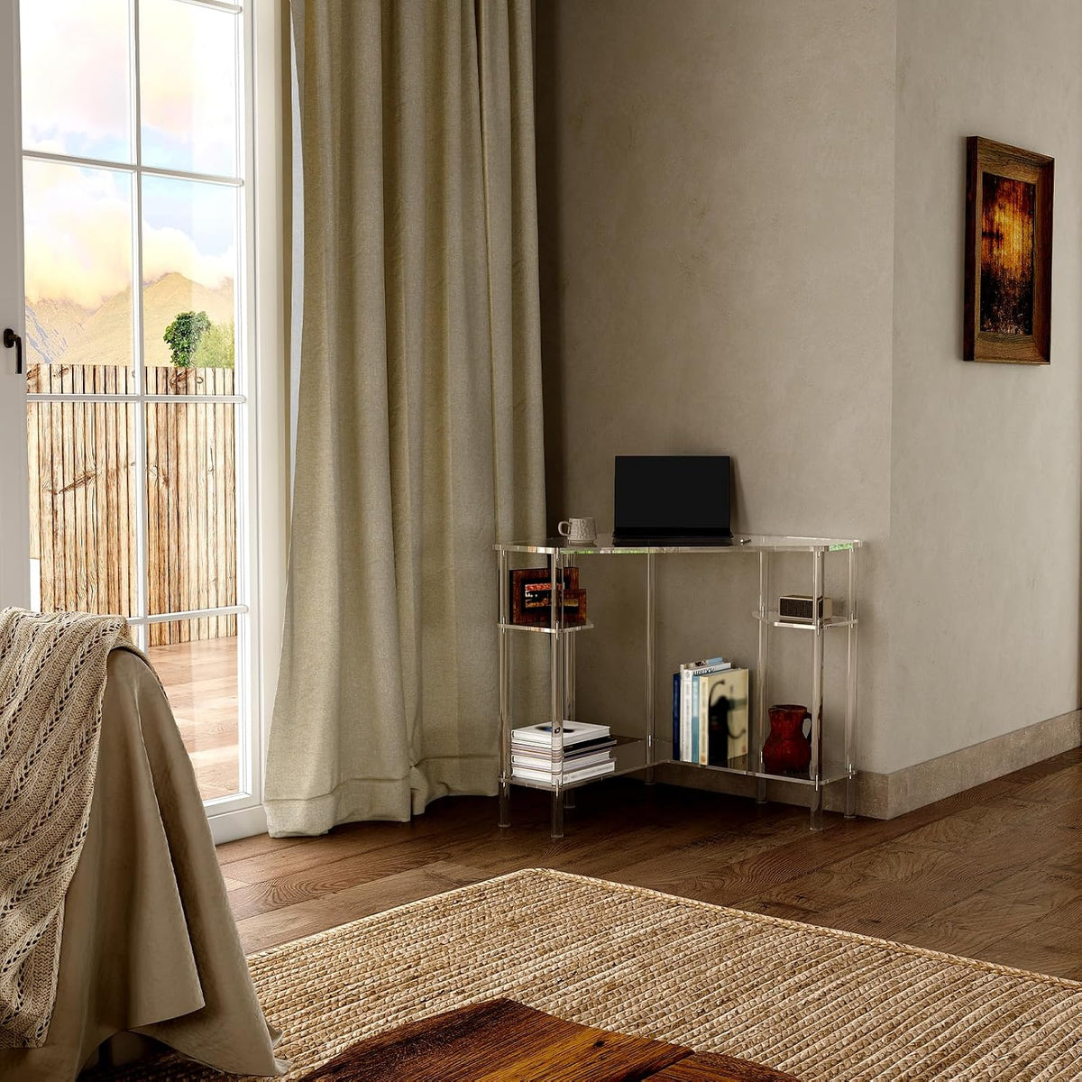 Eglaf Acrylic Triangle Corner Desk, 90-Degrees, Clear Desk with Storage