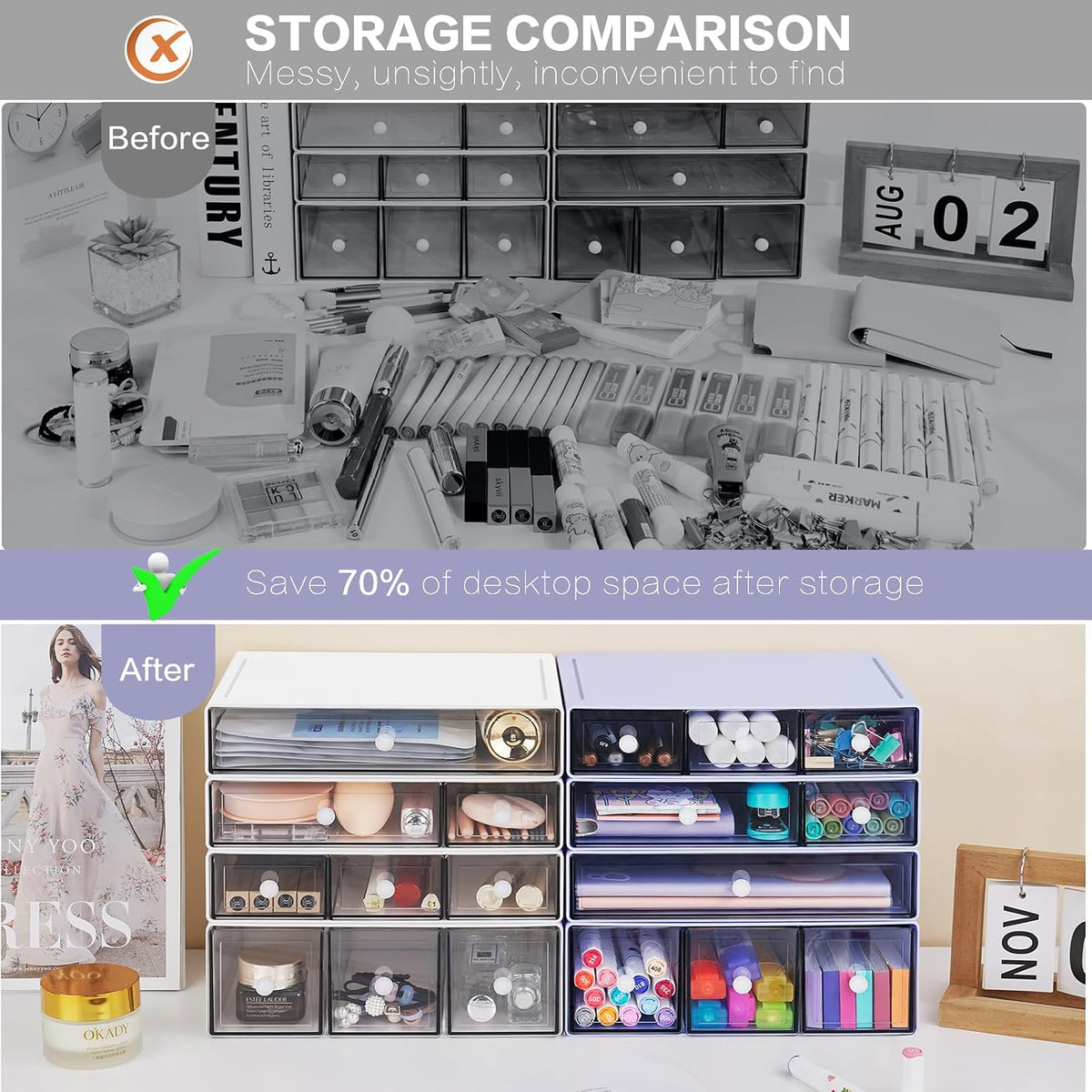 Desk Storage Organizer with 9 Drawers, 4 Tiers Stackable Desktop Craft Storag...