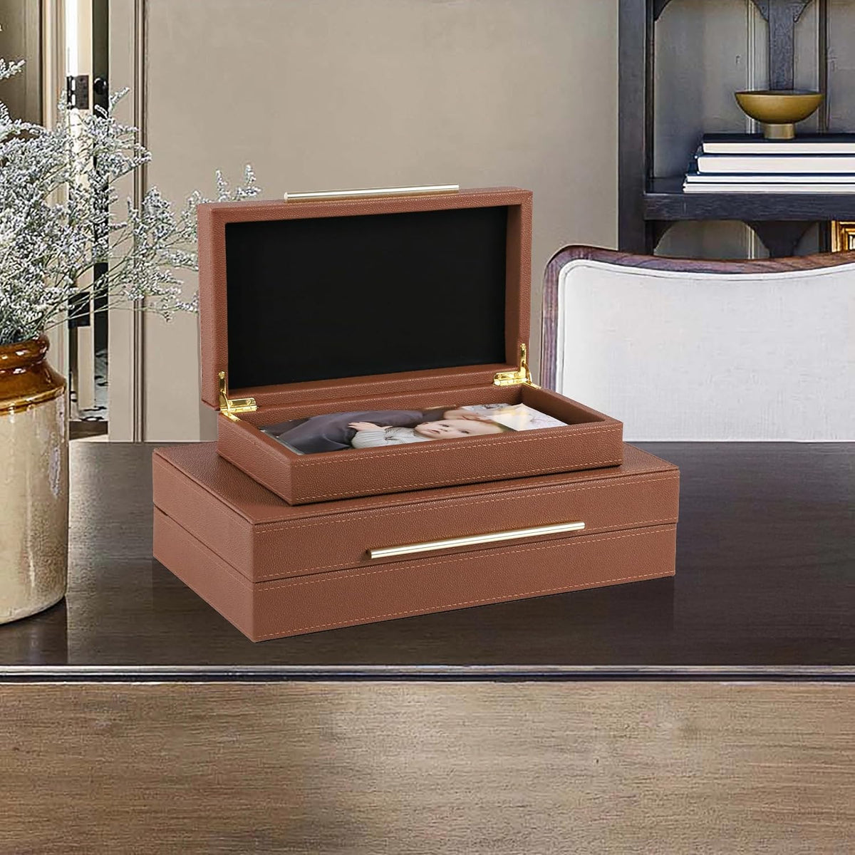 HofferRuffer Faux Leather Decorative Boxes Set of 2, Large Nesting Keepsake B...