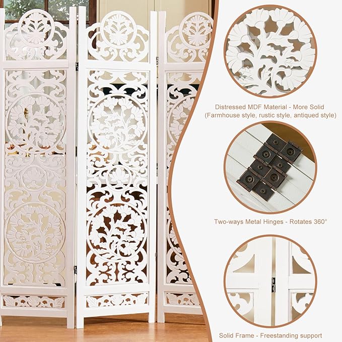 5.75Ft Room Divider Wood Screen, 33Lbs Durable MDF Carved Rustic Style Headboard - Image 4