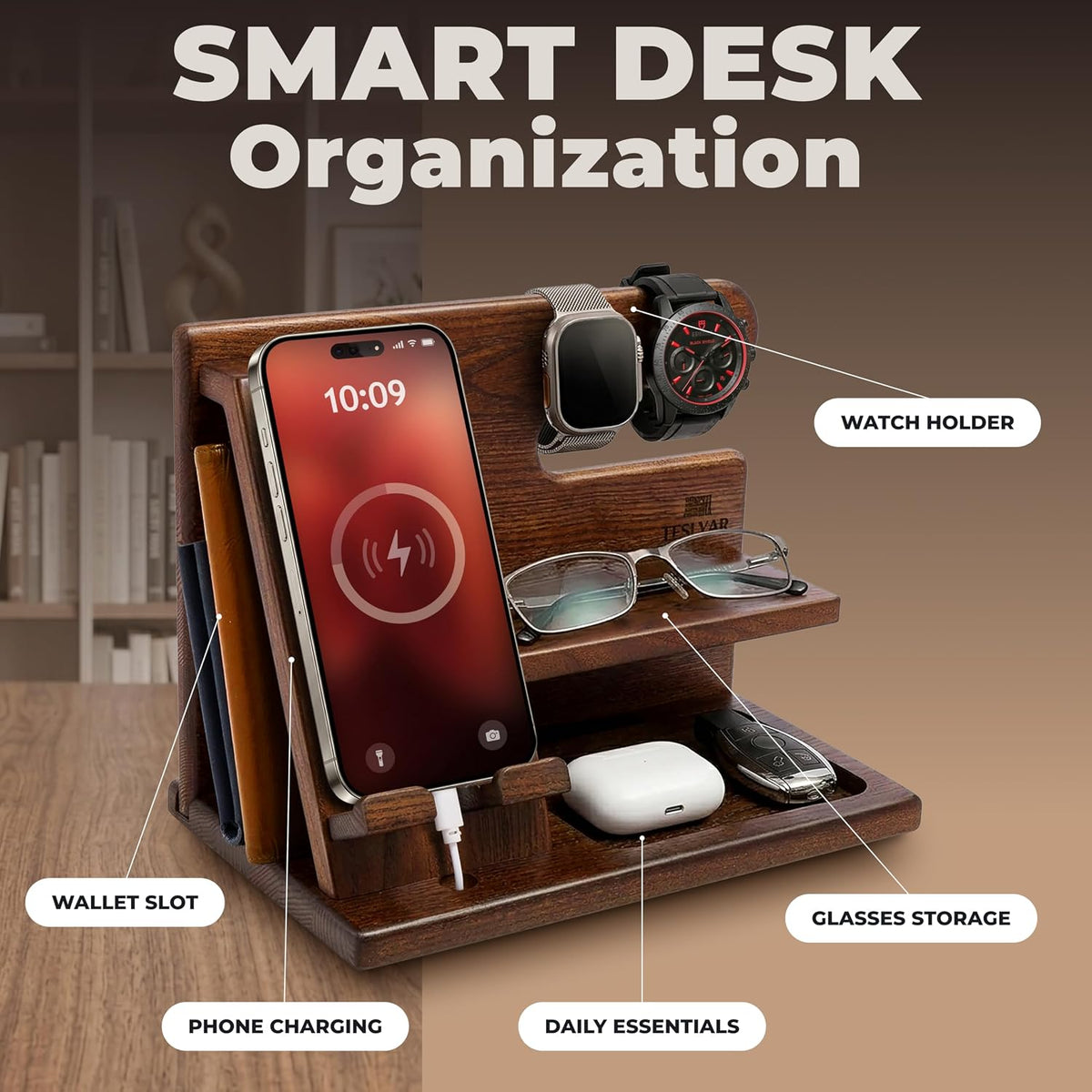 TESLYAR Wood Phone Docking Station for Men - Desktop or Nightstand Organizer ...