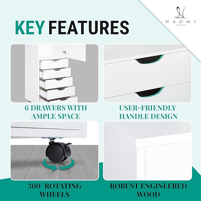 Naomi Home Carly 6-Drawer Craft & Office Storage Cabinet – Rolling Storage - Image 5