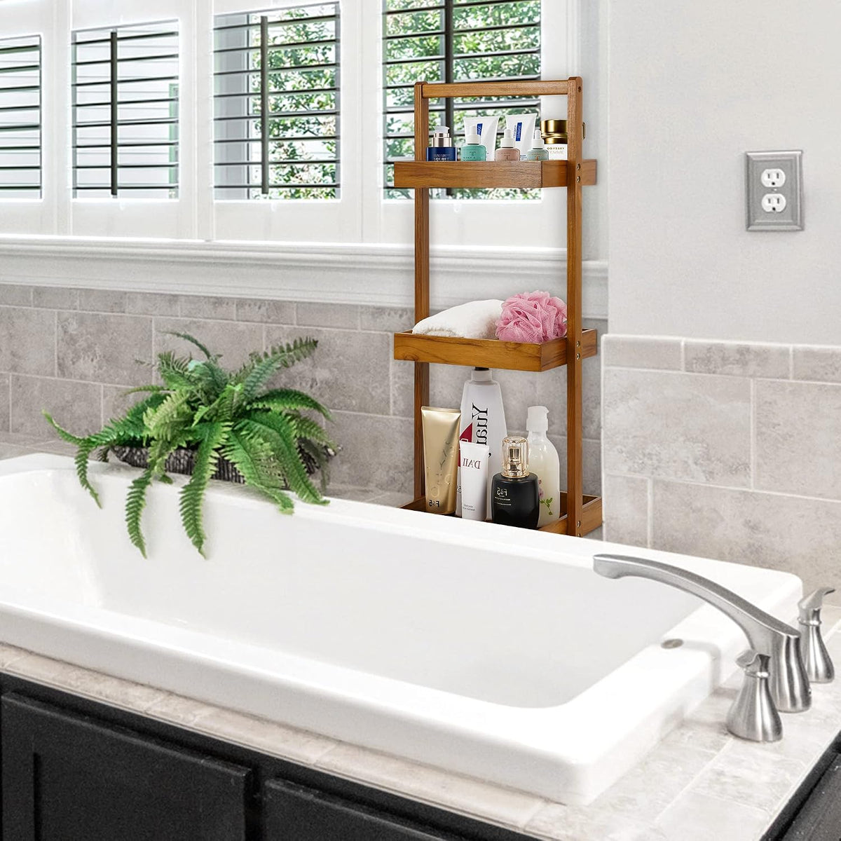Utoplike Teak Shower Caddy Shelf, Freestanding Racks for Bathroom Corner