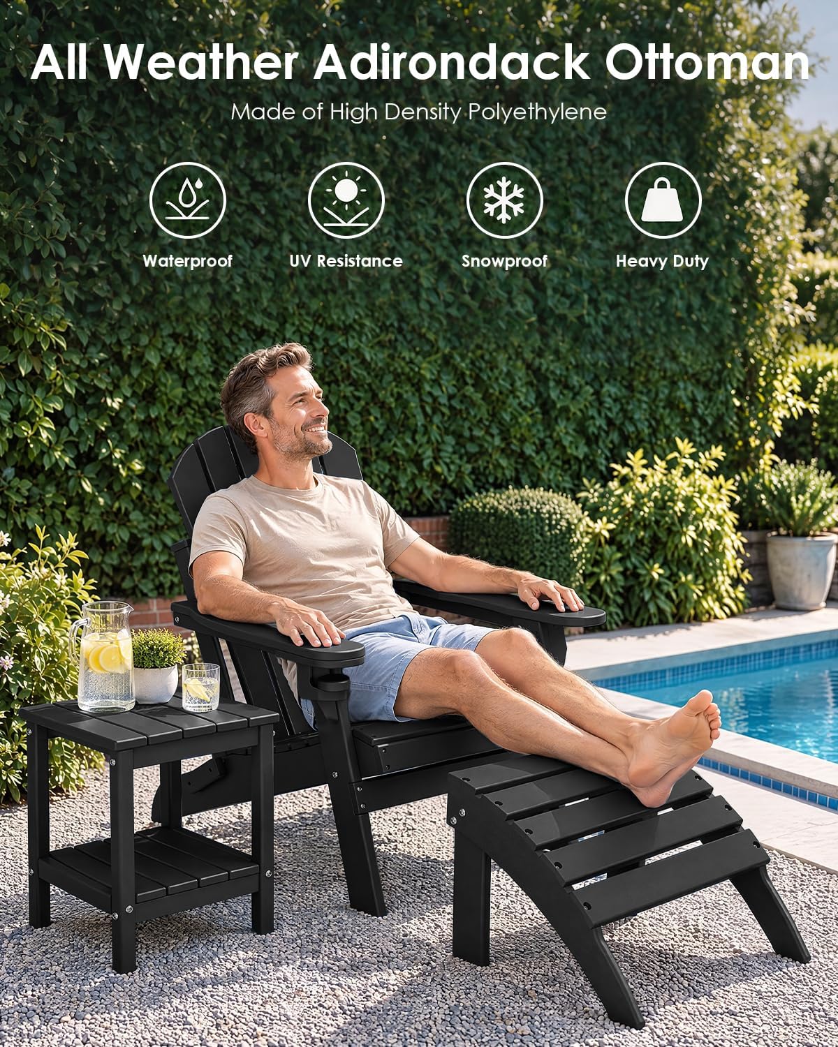 GREENVINES Adirondack Ottoman Set of 2, HDPE Plastic, Black