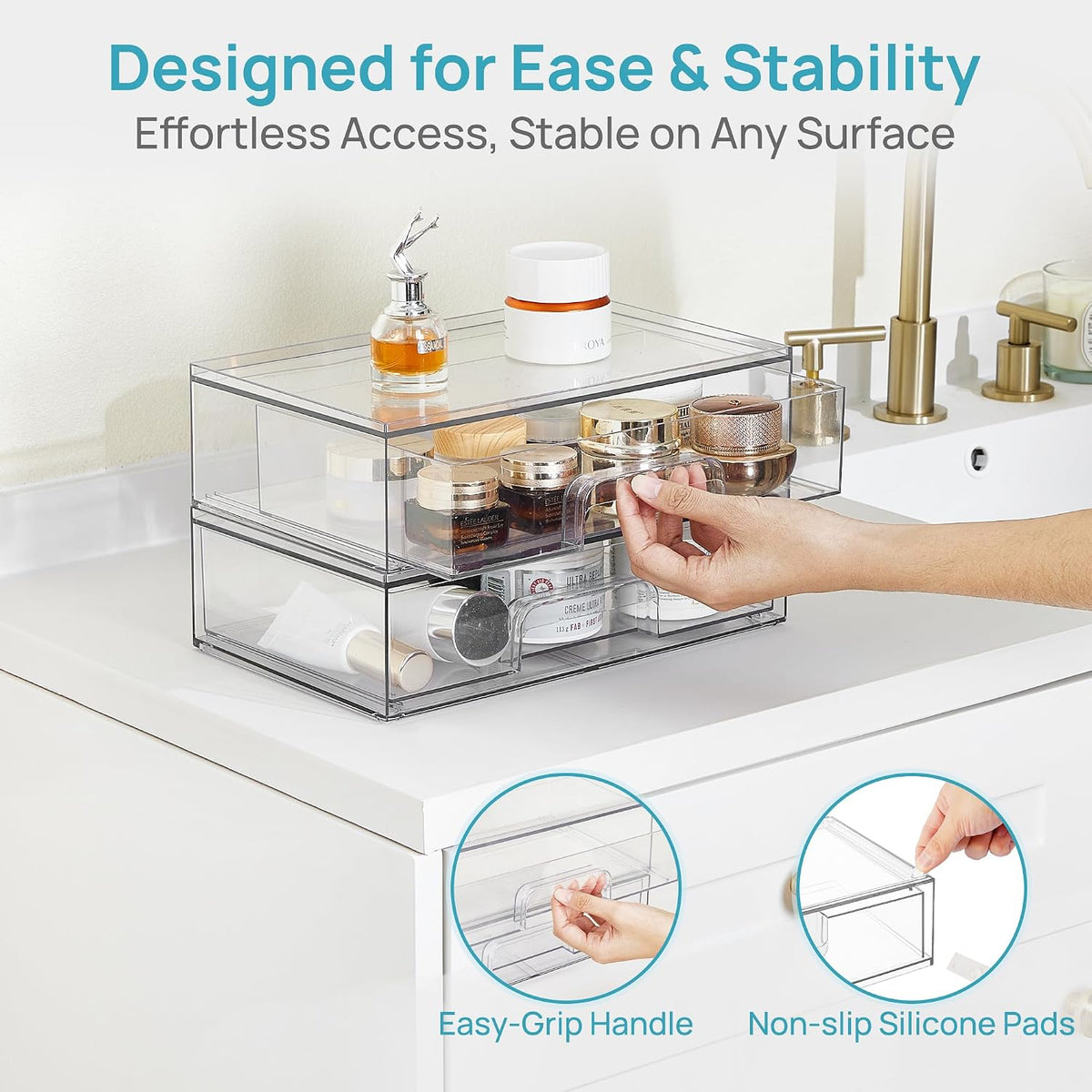 vtopmart clear stackable storage drawers, 2 pack wide, front angle view