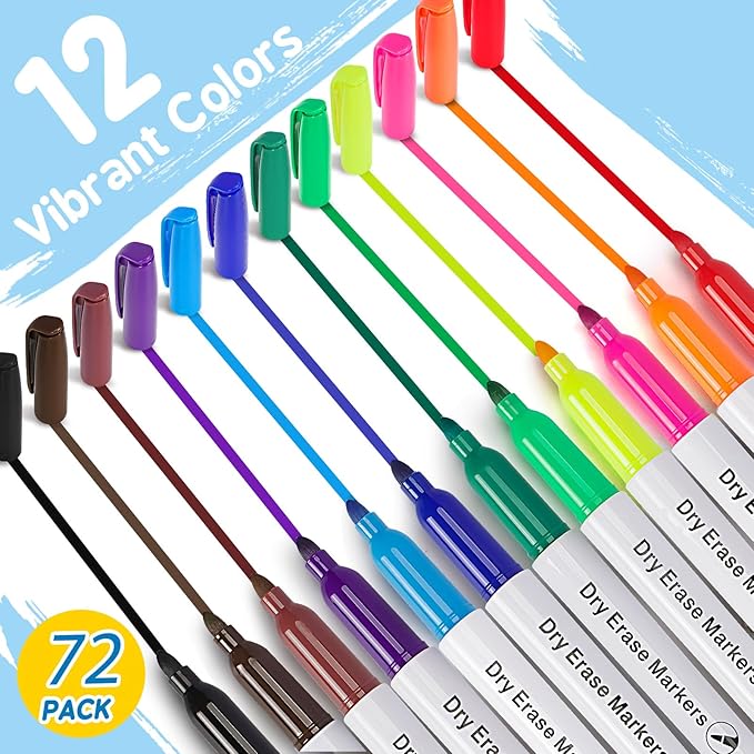Duchong 72 Count Dry Erase Markers Bulk, 12 Assorted Colors, Fine Tip - Image 3