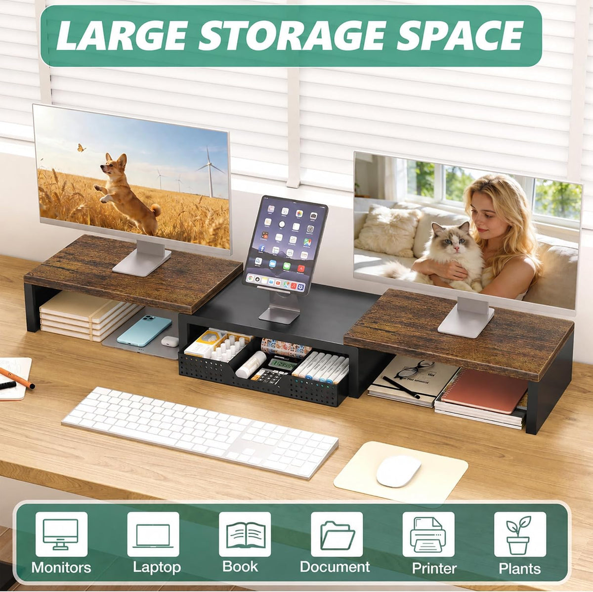 OPNICE Dual Computer Monitor Stand Riser, Desk Organizer with Drawer, Office ...
