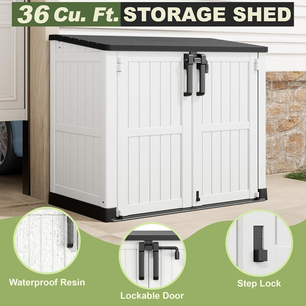 plastic outdoor storage shed, 36 cu ft waterproof, close-up detail