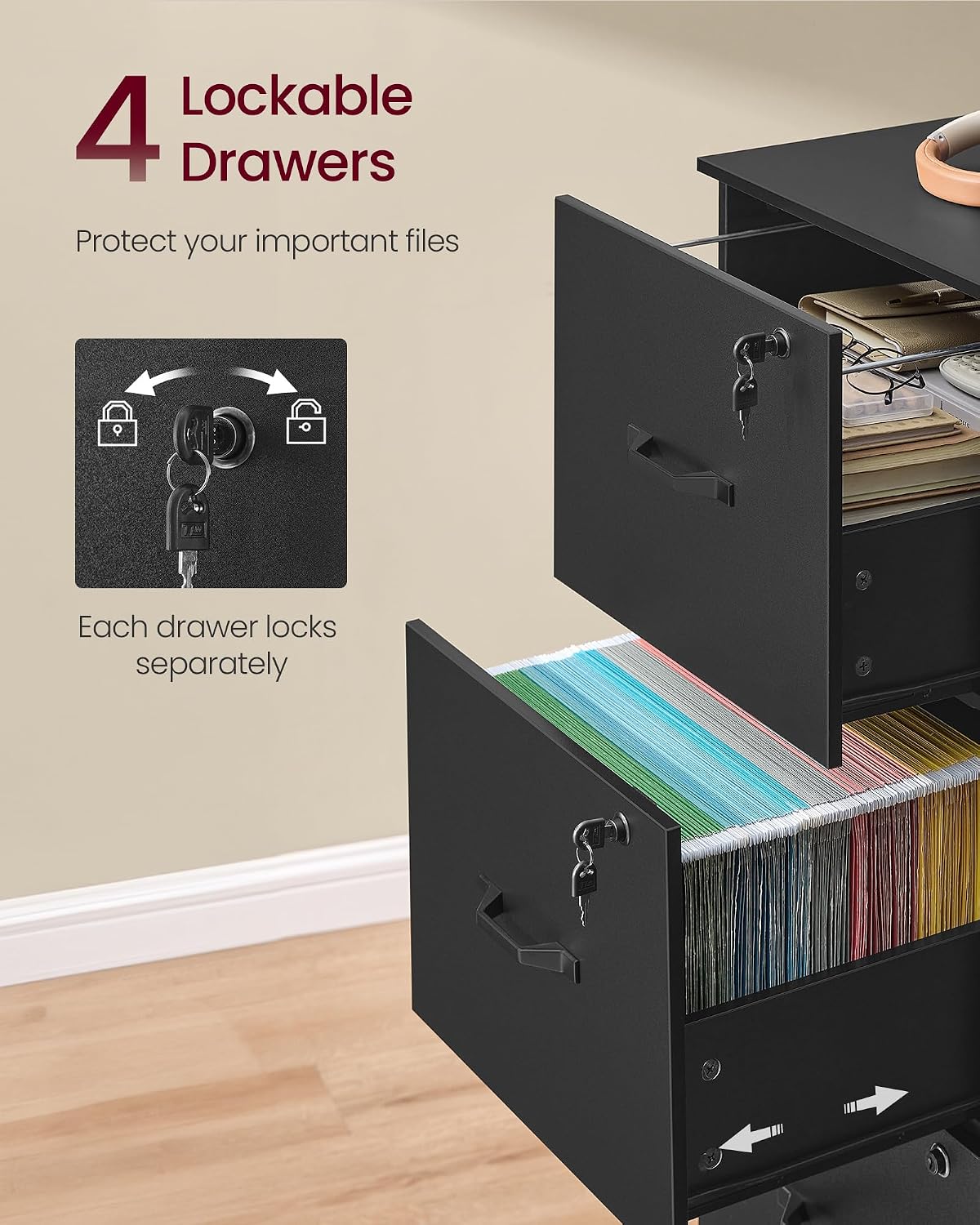 vasagle 4 drawer file cabinet with locks, for, side view
