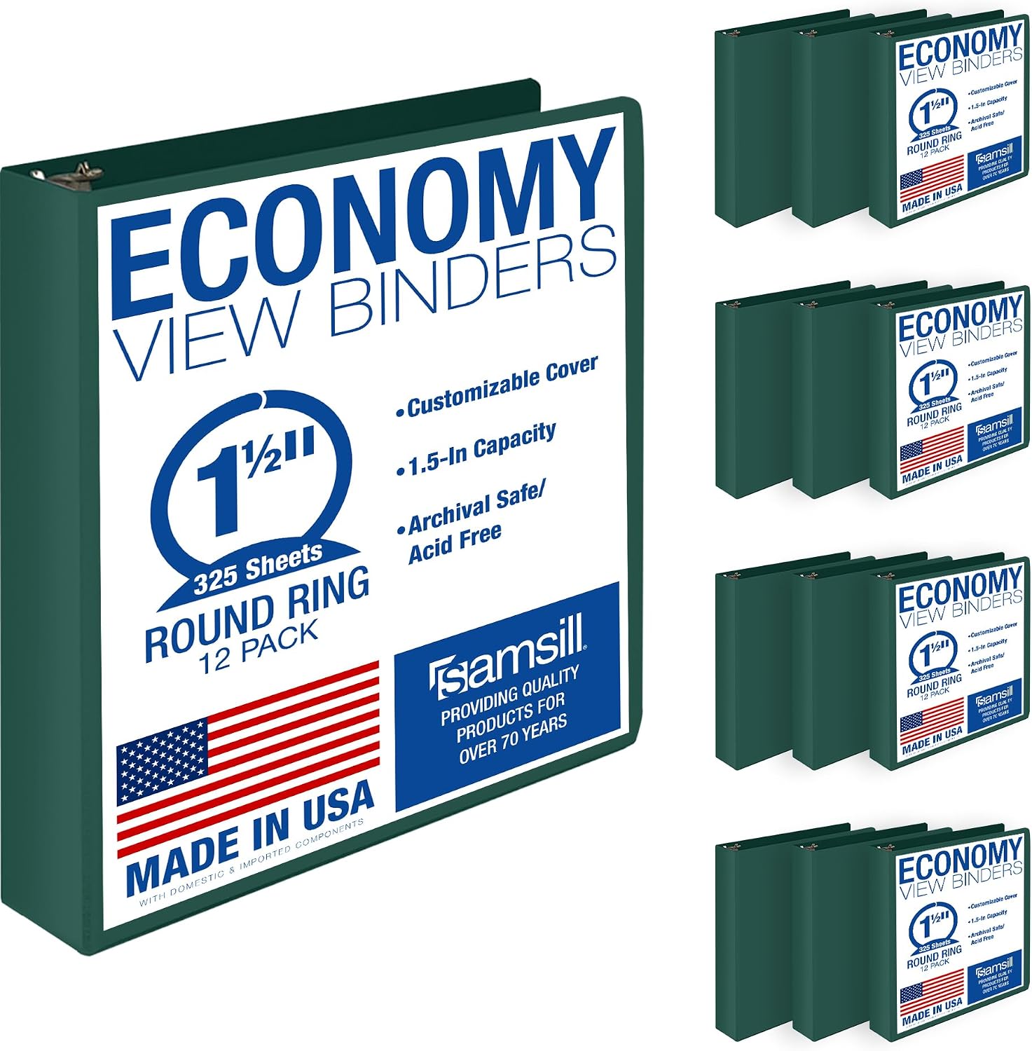 Samsill 1.5 Inch 3 Ring Binders, Economy Round Ring, Clear View Cover, 325 Sheet Capacity - for School, Home, Office - Green, 12 Pack