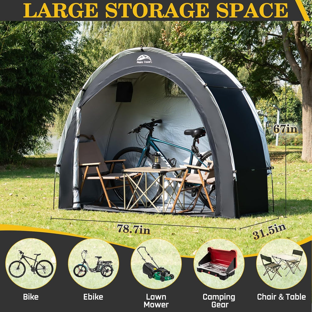 happy travel bike storage shed tent, outdoor portable, close-up detail