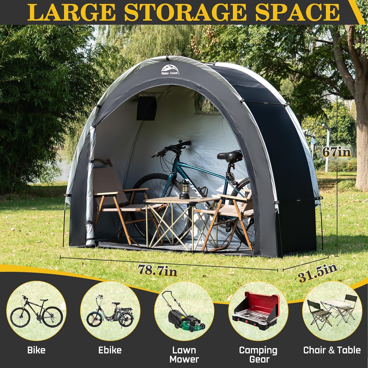 happy travel bike storage shed tent, outdoor portable, close-up detail