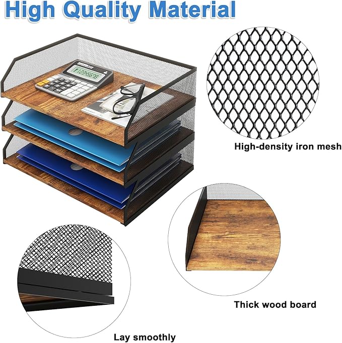 Natwind 3-Tier Stackable Paper Tray, Metal Mesh Desktop Organizer, Paper Sorter - Image 3
