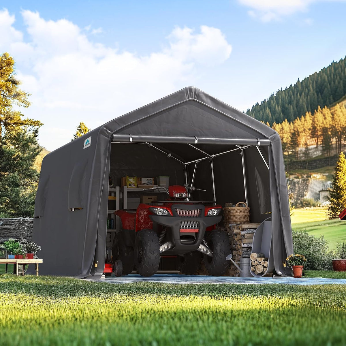 advance outdoor 10x15 ft garage shelter steel metal, front angle view