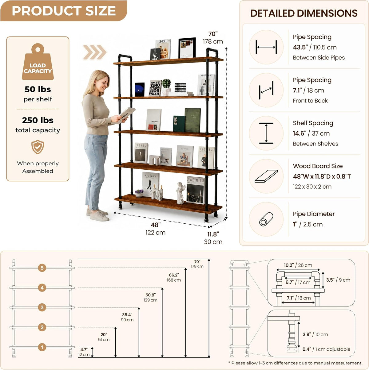 Industrial Bookshelf, Pipe Shelf Bookcase, 5 Tier, 48" Rustic Brown