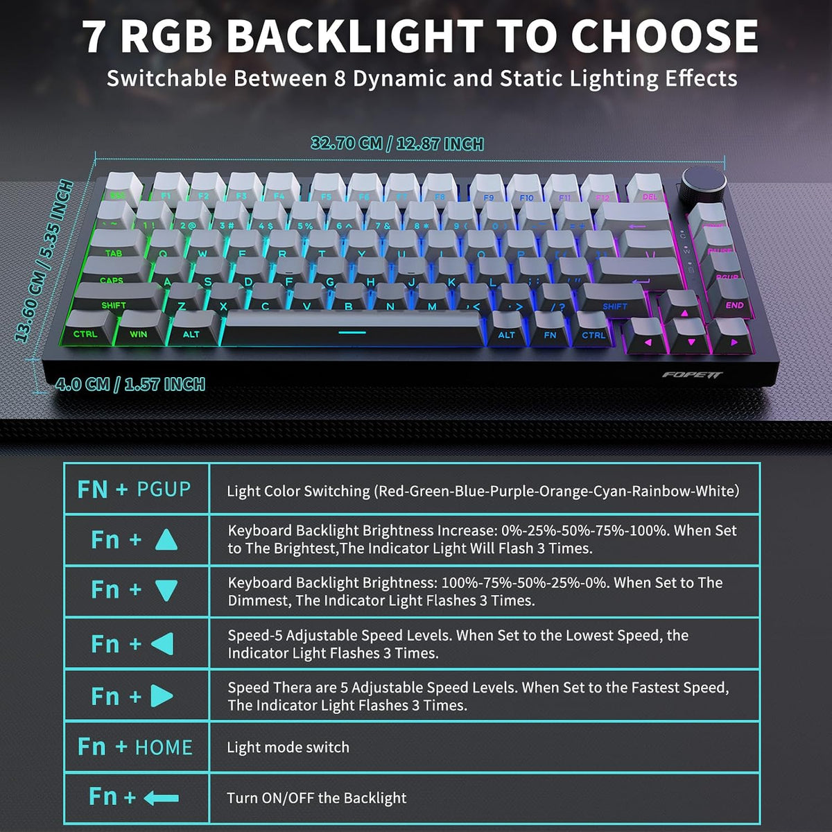Wireless Mechanical Backlit Gaming Keyboard with Knob,Hot Swappable,Grey