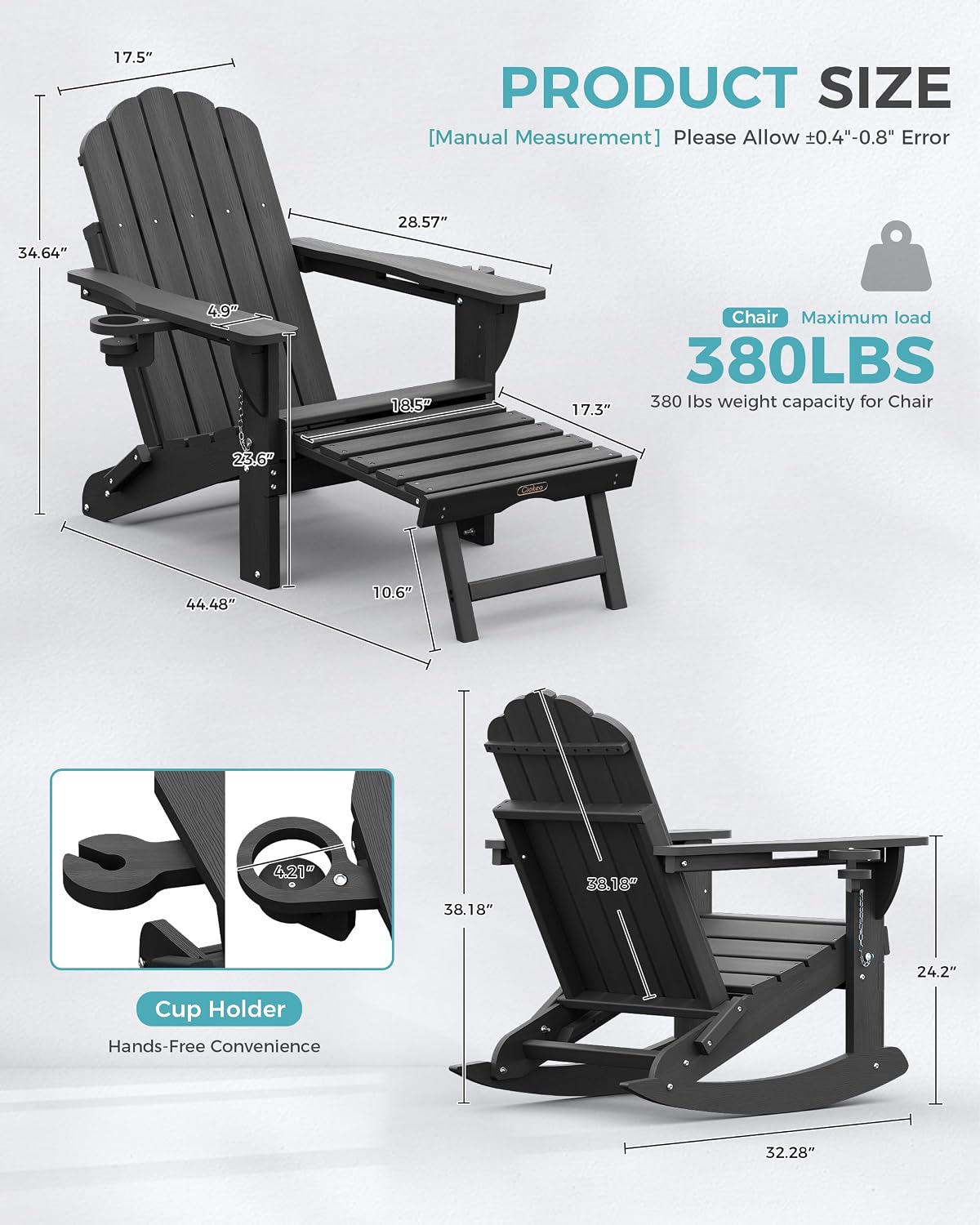 Ciokea Rocking Adirondack Chairs Set of 2 with Footrest (Dark Grey)