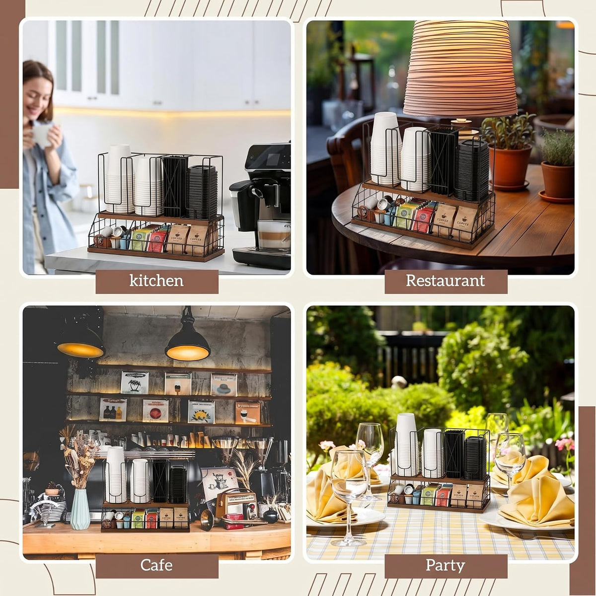 Geelin 18oz Adjustable Coffee Cup Dispenser with Wooden Base, Cup and Lid Hol...