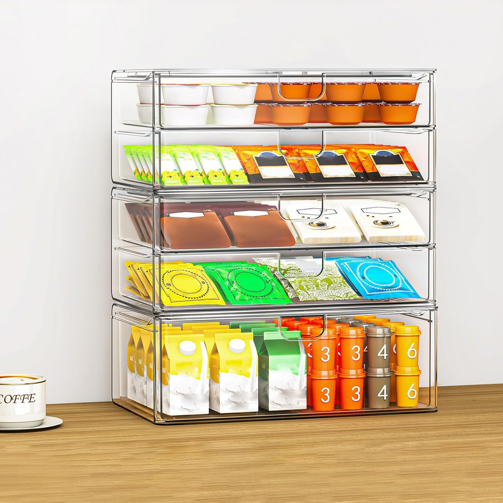 caktraie 6-pack acrylic stackable storage drawers for vanity, close-up detail