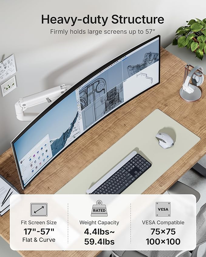 monTEK Heavy-Duty Monitor Arm for 17-57" Ultrawide Curved Screen, Supports up - Image 2