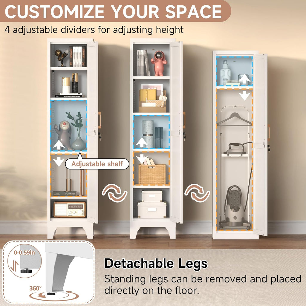 67" Tall Narrow Storage Cabinet Metal Bathroom Cabinet with Lockable and 4 Adjustable Shelve,Anti-Tip Design,Standing Pantry Cabinets Cupboard for Kitchen,Dining Room,Bathroom-Assembly Required(White)