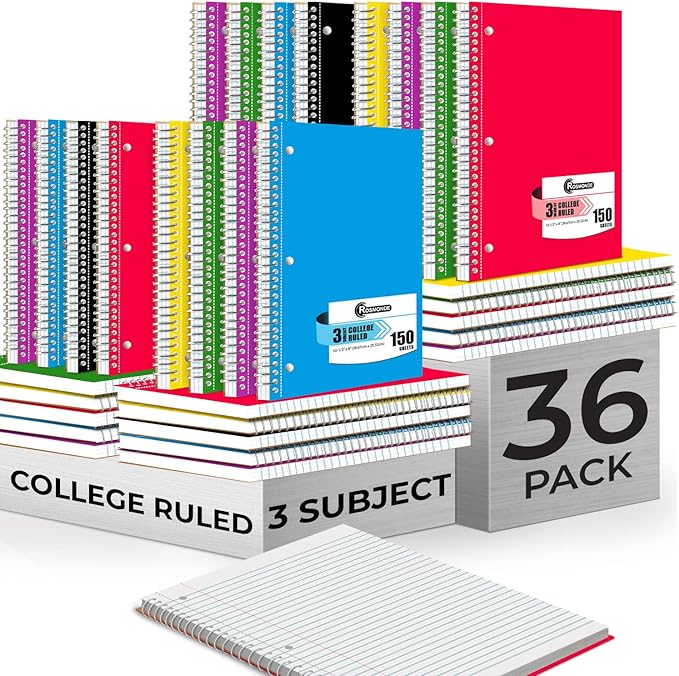 Rosmonde 36 Pack 3 Subject Spiral Notebook College Ruled Bulk, Thick Paper by Rosmonde