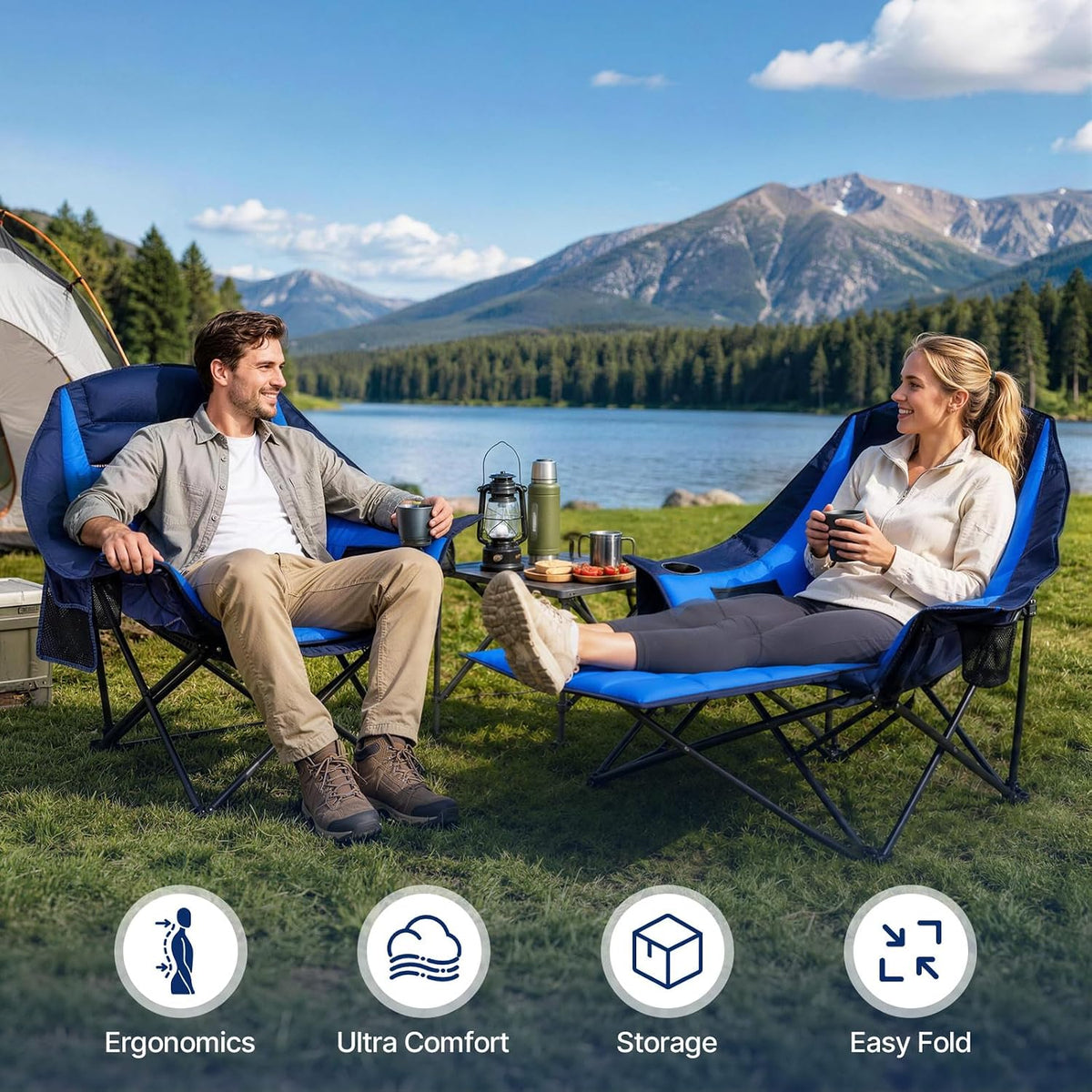 Suteck Camping Chair with Foot Rest, Oversized Padded Folding Chairs, Blue