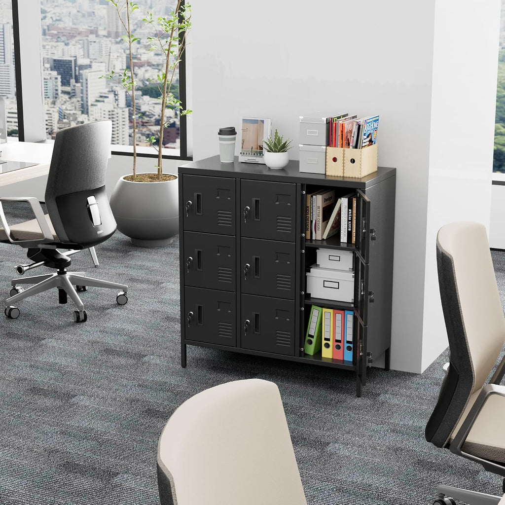 9-Door Metal Employee Locker with Keyed Locks and Raised Feet | 9 keyed compartments with name-card slots, ventilation and raised feet; 35.51"W x 15.79"D x 37.8"H. Assembly required.