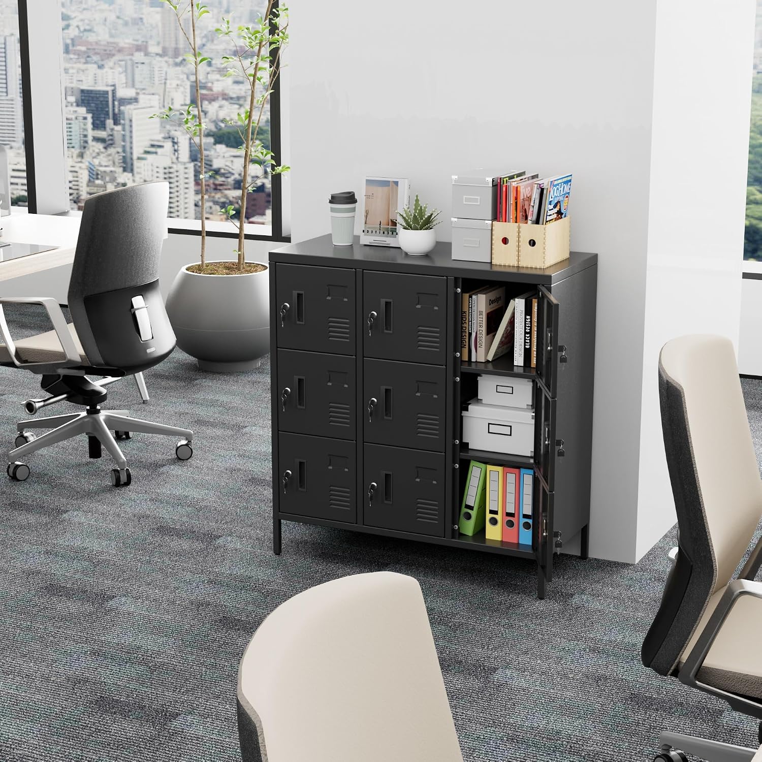9-Door Metal Employee Locker with Keyed Locks and Raised Feet | 9 keyed compartments with name-card slots, ventilation and raised feet; 35.51"W x 15.79"D x 37.8"H. Assembly required.