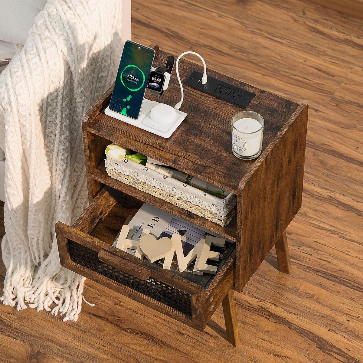 Lerliuo Rattan Nightstand with Charging Station, Side Table with Drawer