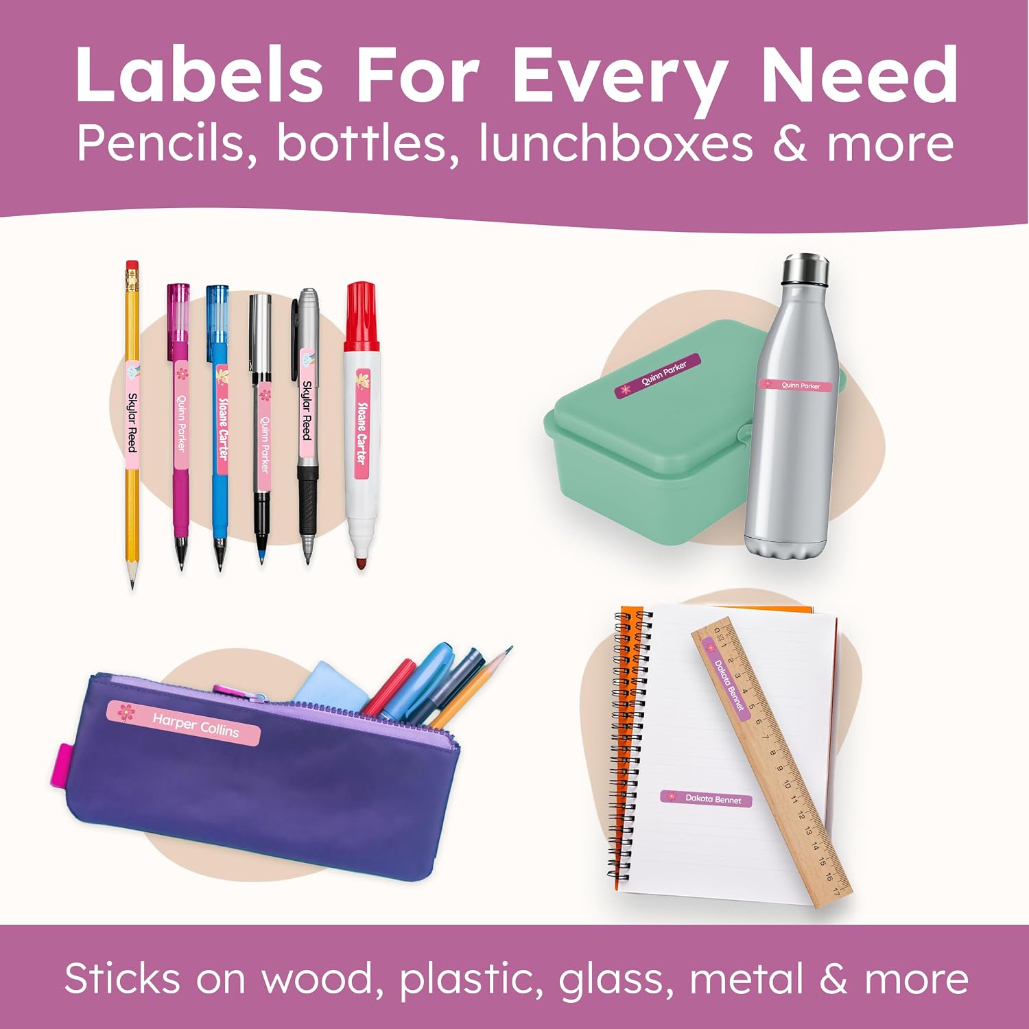 Personalized Kids Name Labels for Pencils Pink [75pcs] - Waterproof Name Stickers for School & Daycare - Pencil Custom Name Stickers - Children Name Stick On Labels for Pens (2.0”x0.3”)