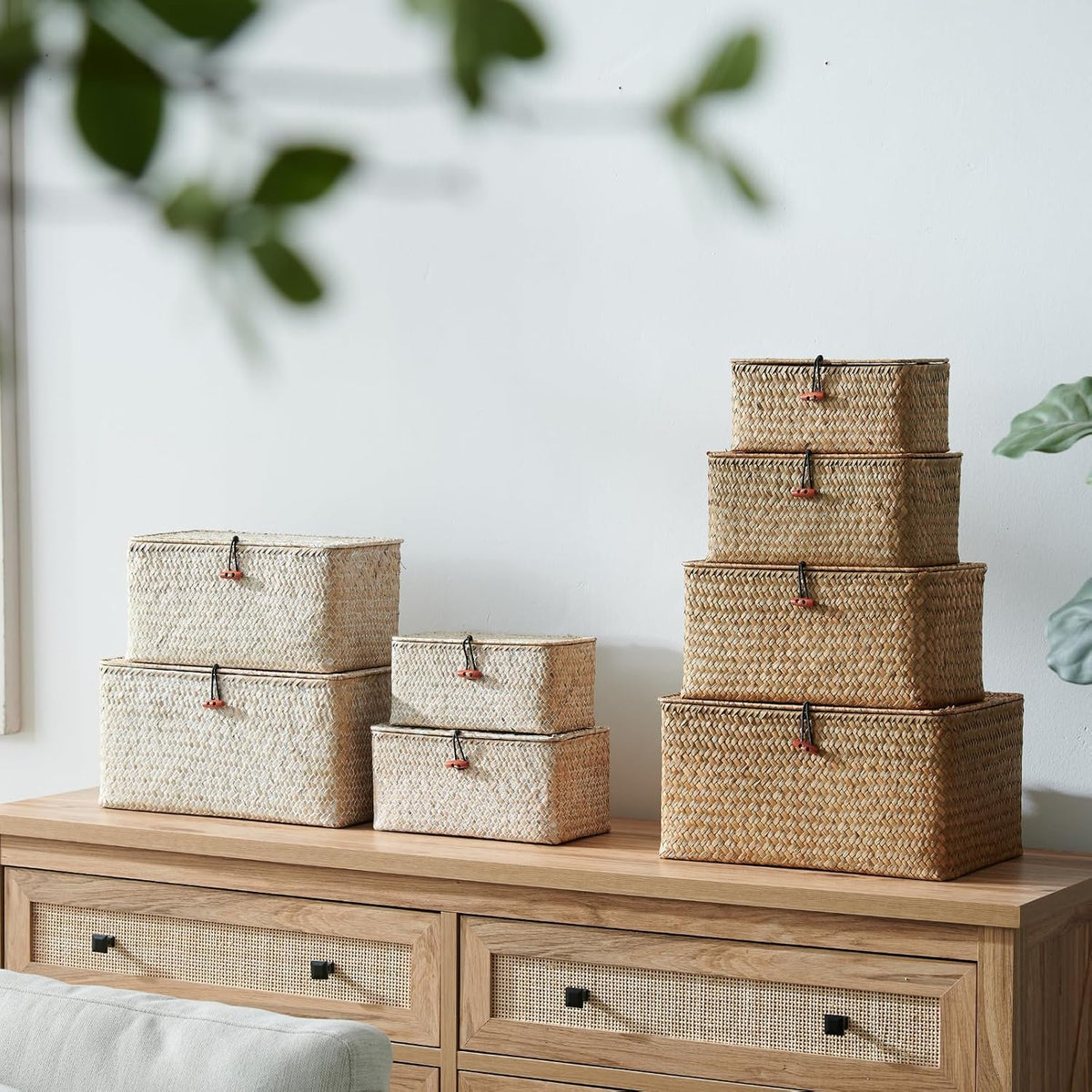 4 Pack, Wicker Baskets with Lids, Natural Seagrass Storage Baskets, Woven Rec...