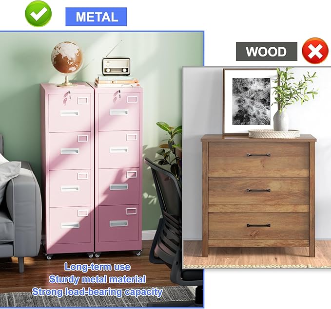 METAN 4 Drawer File Cabinet on Wheels, Lockable Metal Filing Cabinet - Image 8