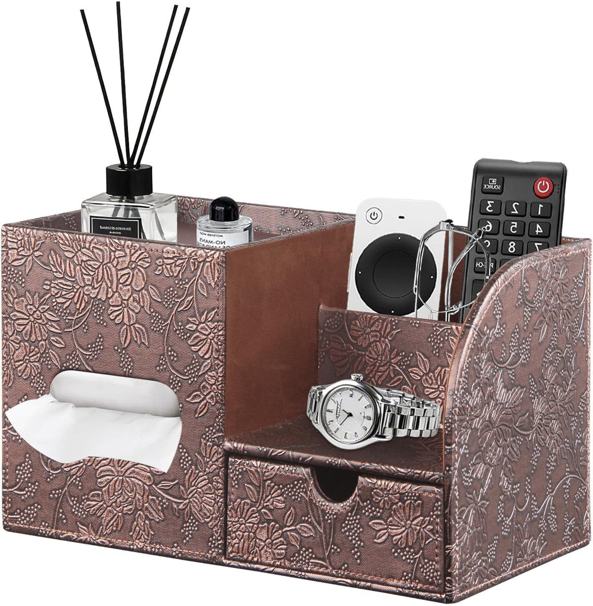 PU Leather Tissue Box Cover Square with Drawer Storage and Tray on Top