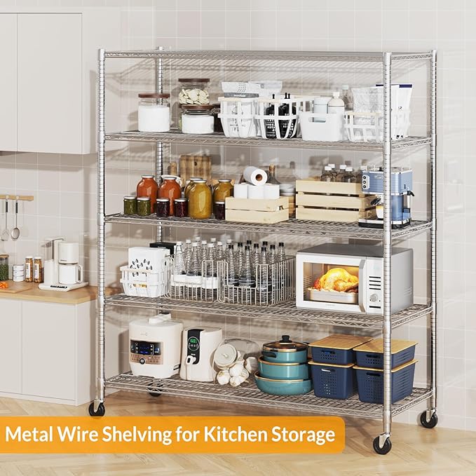 Himimi Storage Shelves with Wheels, 5-Tier Heavy Duty Steel Wire Rack Storage - Image 4