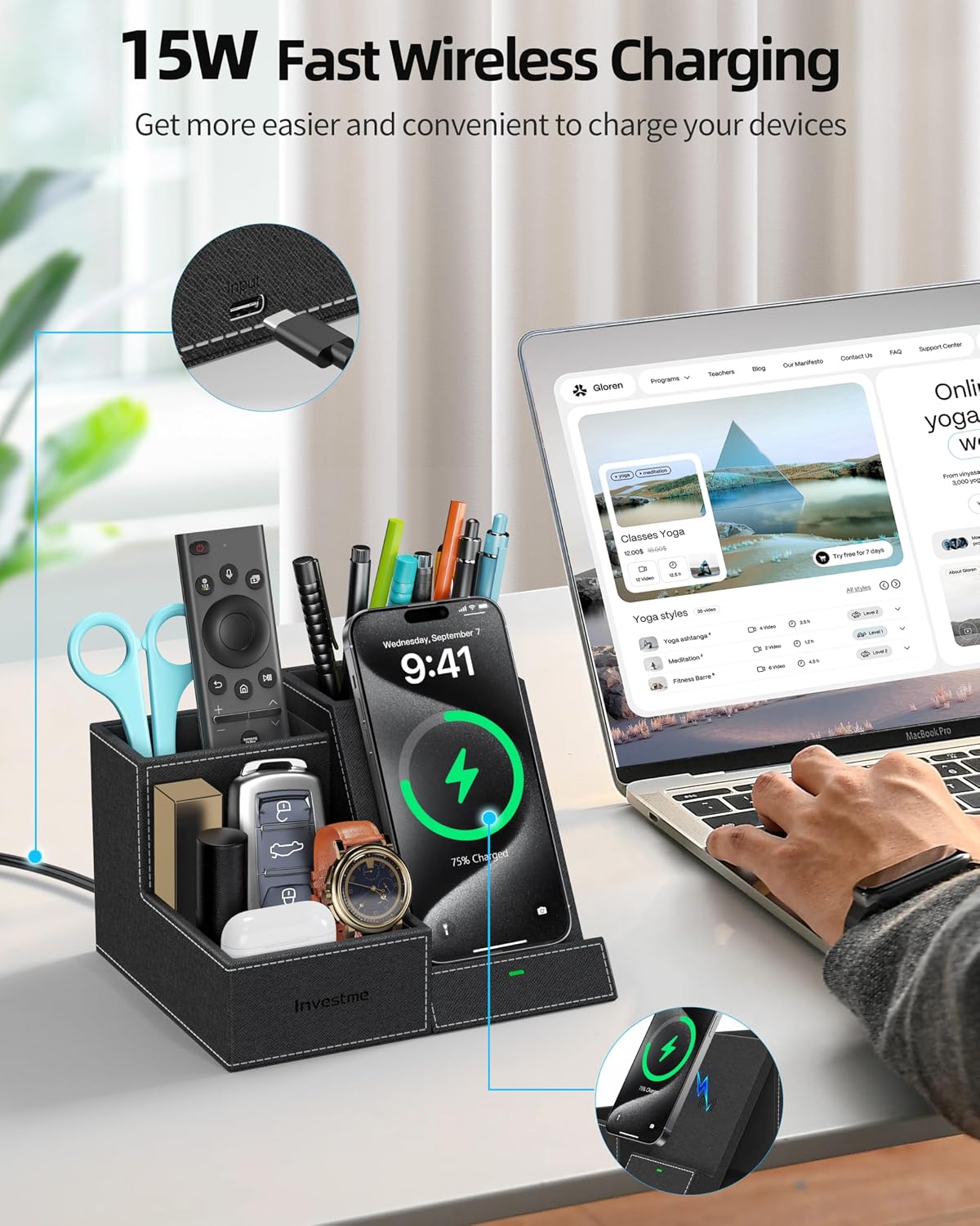 Wireless Charger with Desk Organizer, 3 Compartments and 1 Phone Stand