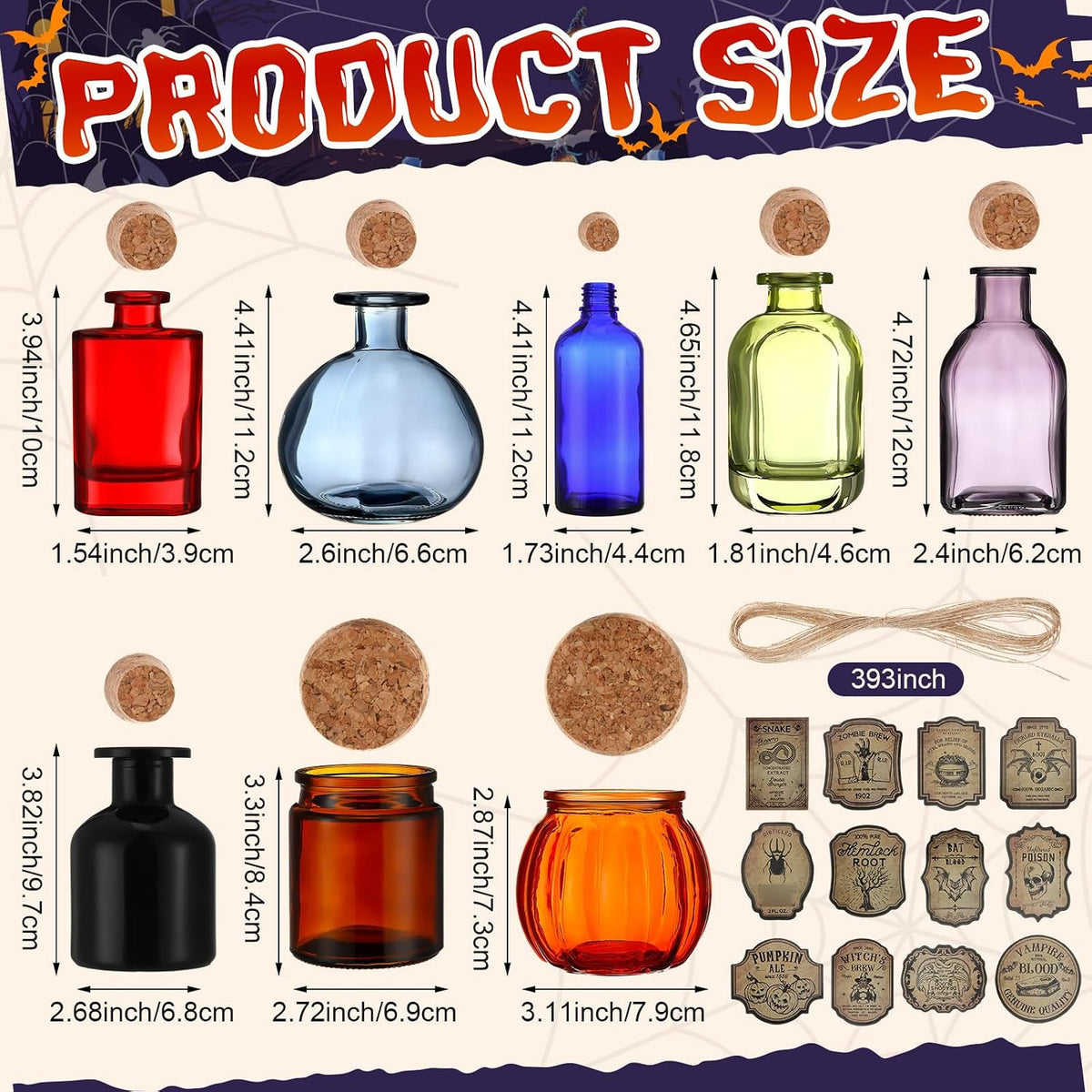 LemonRoad 8 Pcs Potion Bottles Halloween Decoration Glass with Cork, Gothic