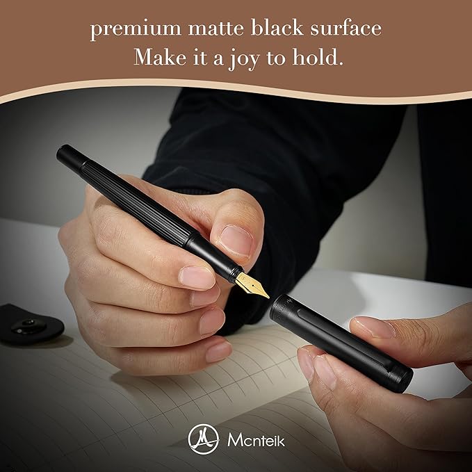 MCNTEIK Matte Black Fountain Pen, Exquisite Vertical Grooving Design, Ink - Image 6