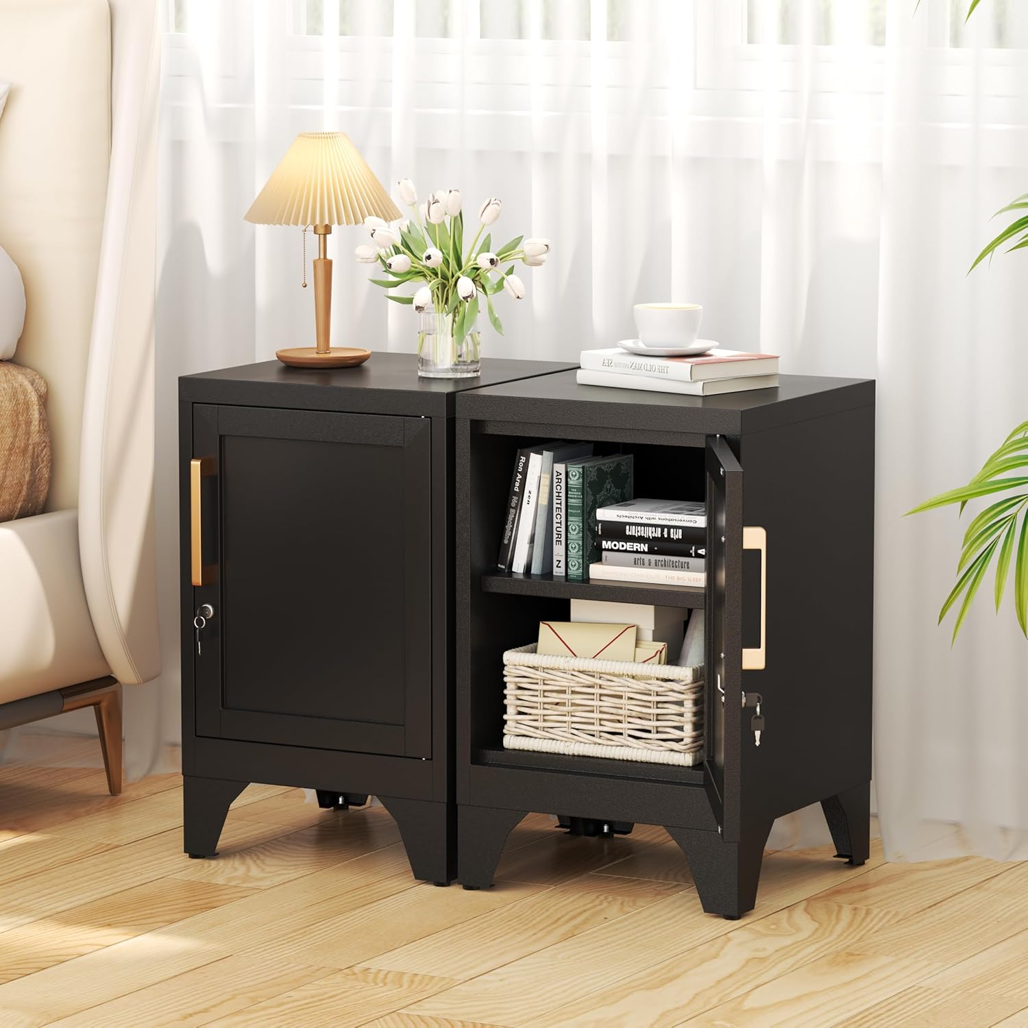 23.6" H Black Metal NightStand Locker Storage Cabinet with 1 Doors, Small Lockable Night Stand with Lock and 1 Adjustable Shelve for Bedroom Living Room Home Office