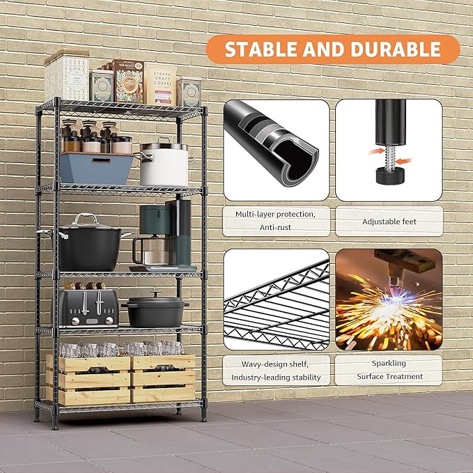 M MZG 5 Tiers Shelf Metal Storage Shelves Standing 1750 LBs Household Shelf - Image 8