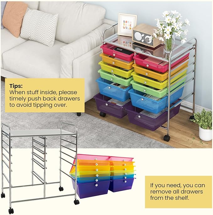 LDAILY 12 Drawer Rolling Storage Cart, Craft Cart Organizer on Wheels w/Metal - Image 5