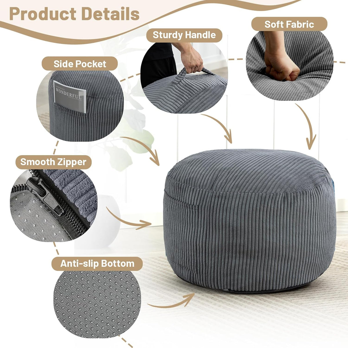 Round Stuffed Pouf Ottoman (Gray, 26" D x 26" W x 18" H)