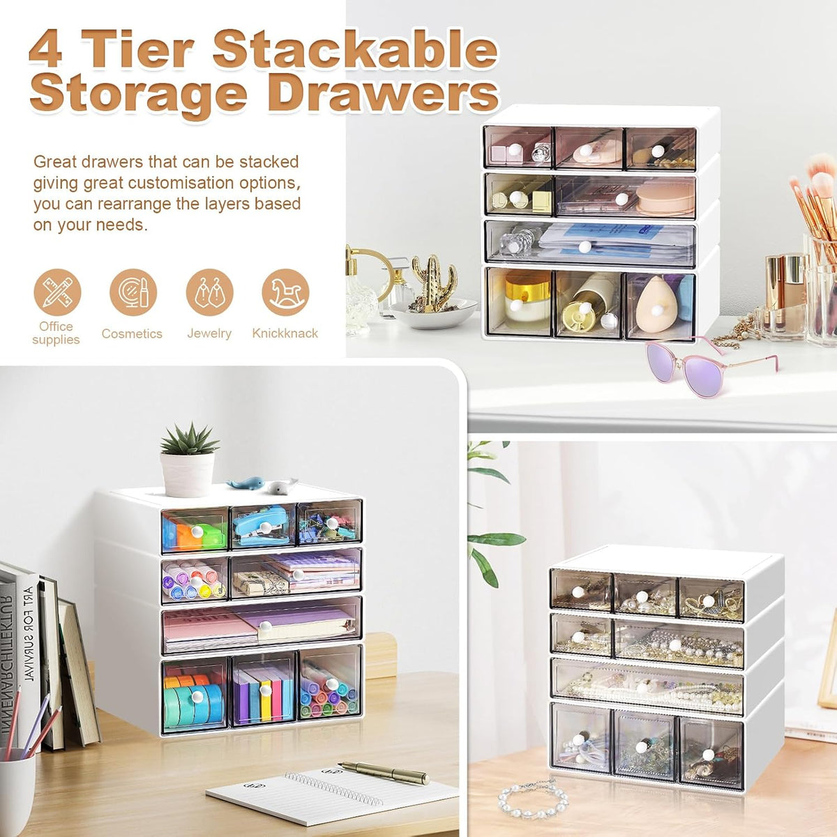 desk organizer with 9 drawers, 4 tier plastic, package contents