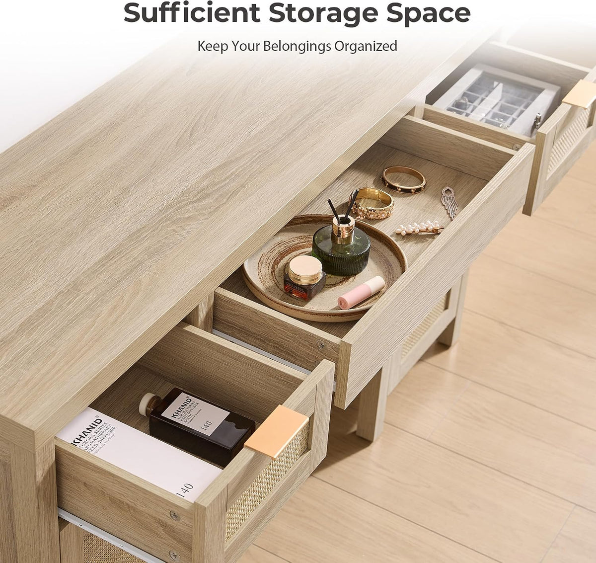 SICOTAS 52" Rattan Vanity Desk with 3 Drawers & 2 Cabinets, Vanity T...