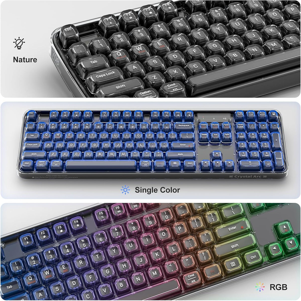 MOFII Tri-Mode Wireless Keyboard, Transparent Full-Size with RGB Backlit, Blu...