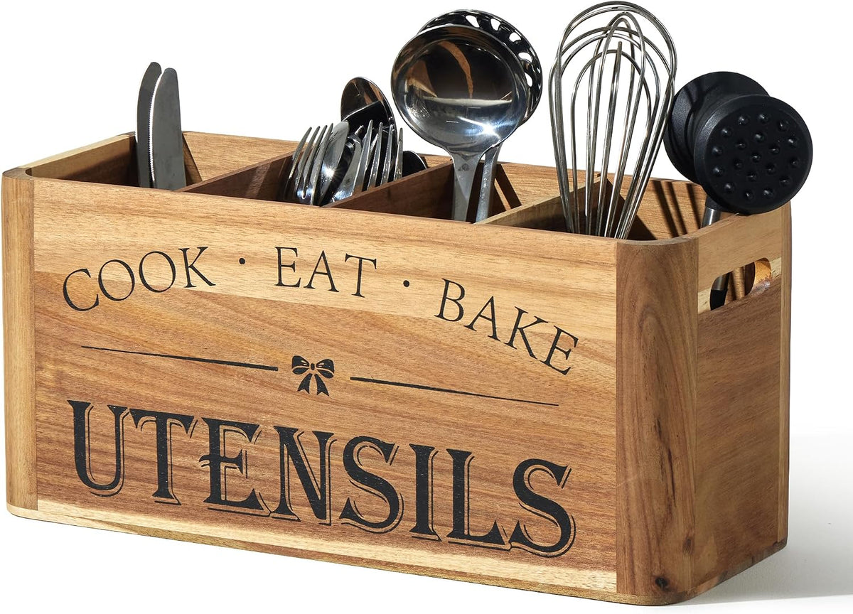 Utensil Holder for Kitchen Countertop - Extra Large 4 Compartment Wooden Orga...
