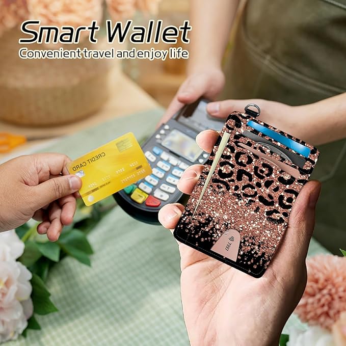 BWEGRHE Small Travel Wallets, Leopard Glitter Slim Minimalist Front Pocket - Image 4