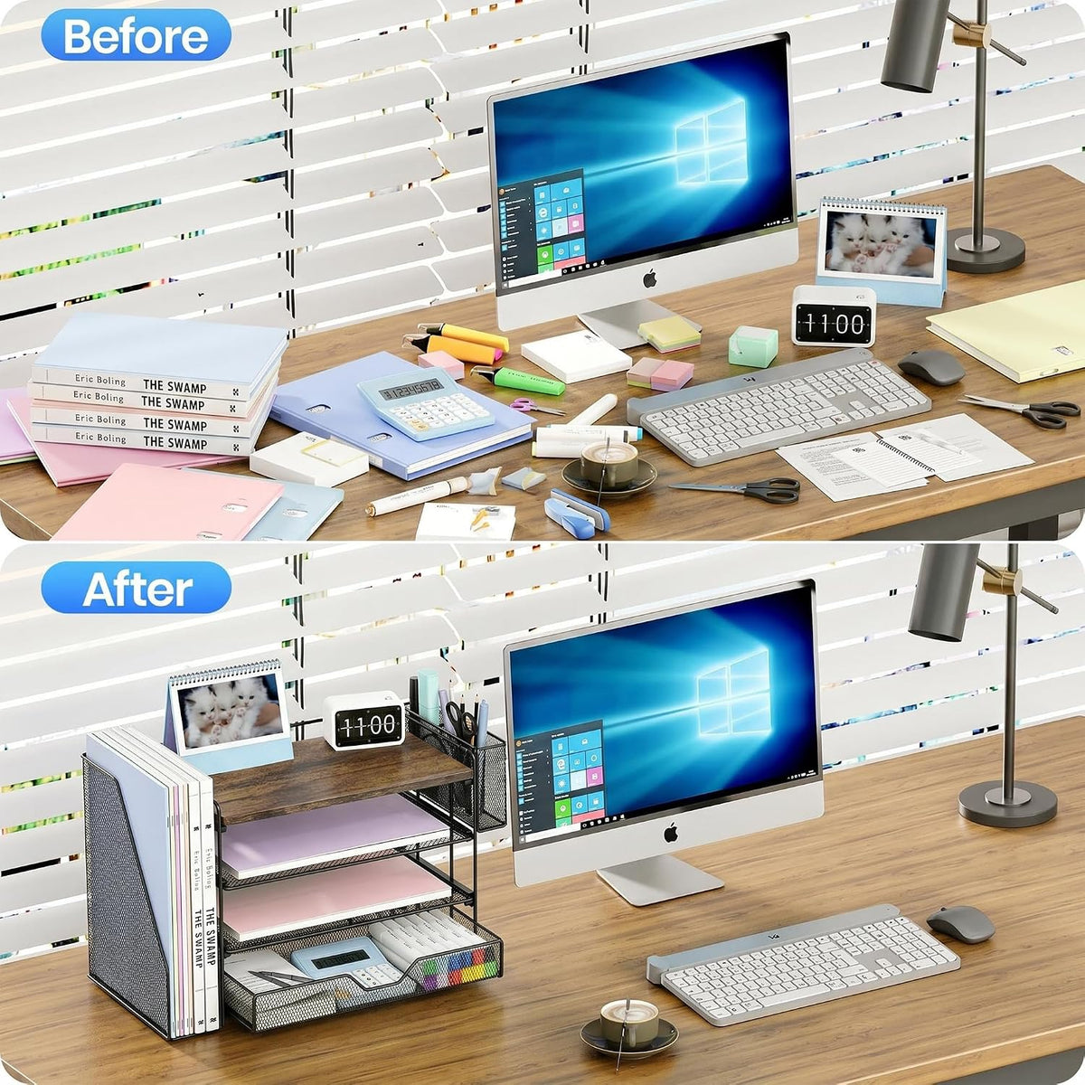 opnice desk organizers and accessories, 4-tier desktop file shown in use
